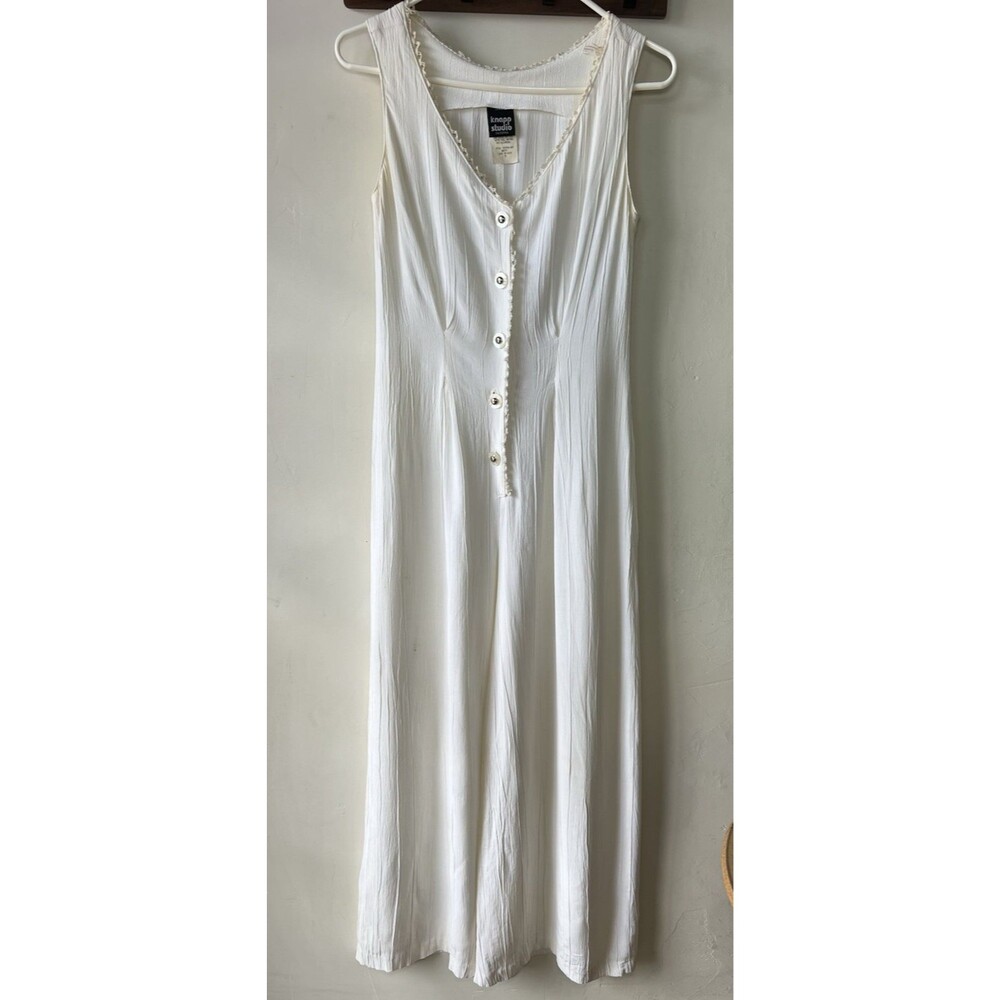 knapp studio White Button Front Sleeveless Jumpsuit V-Neck Rayon Size 5 Vintage